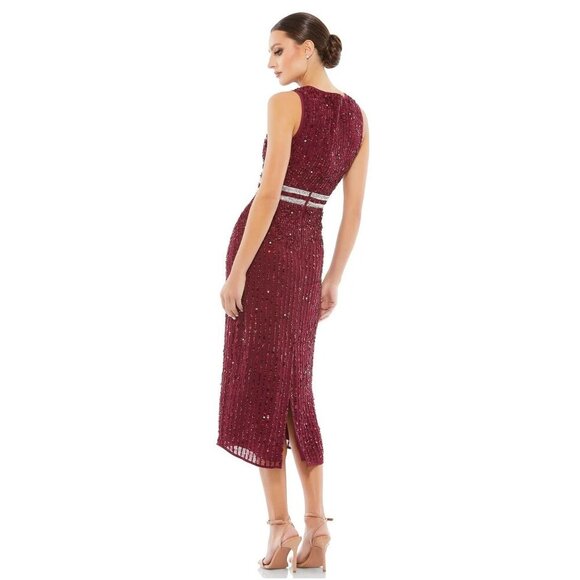 FLAW - Mac Duggal Sleeveless High Neck Beaded Midi Sheath Dress Burgundy 6 #9850 - Picture 7 of 11
